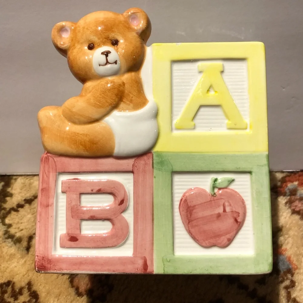 11029 VINTAGE Ceramic Planter Nursery ABC Baby Bear Blocks Inarco Japan